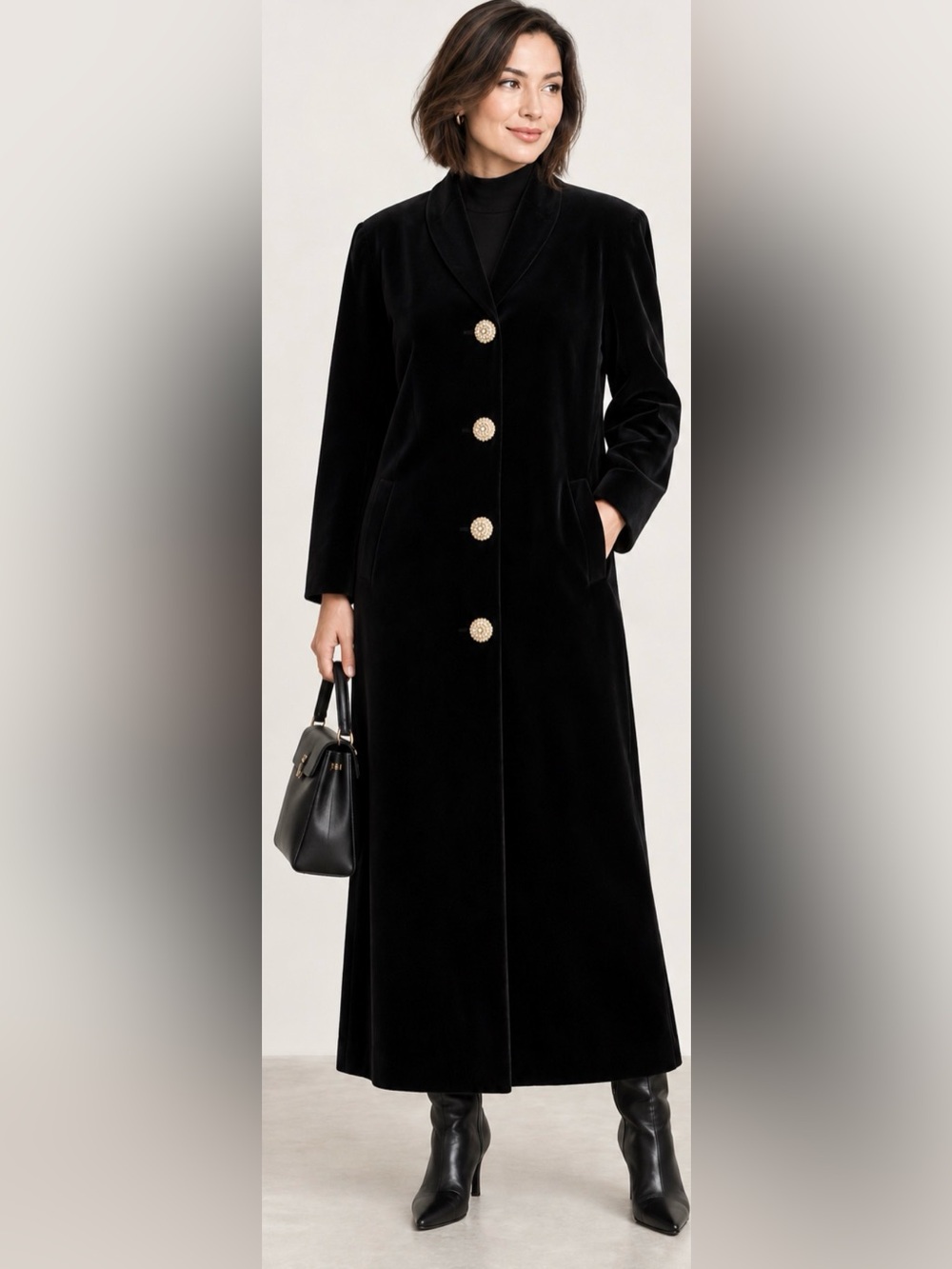 Vintage CATTIVA Velvet Long Coat Overcoat Crystal Buttons Black SZ M